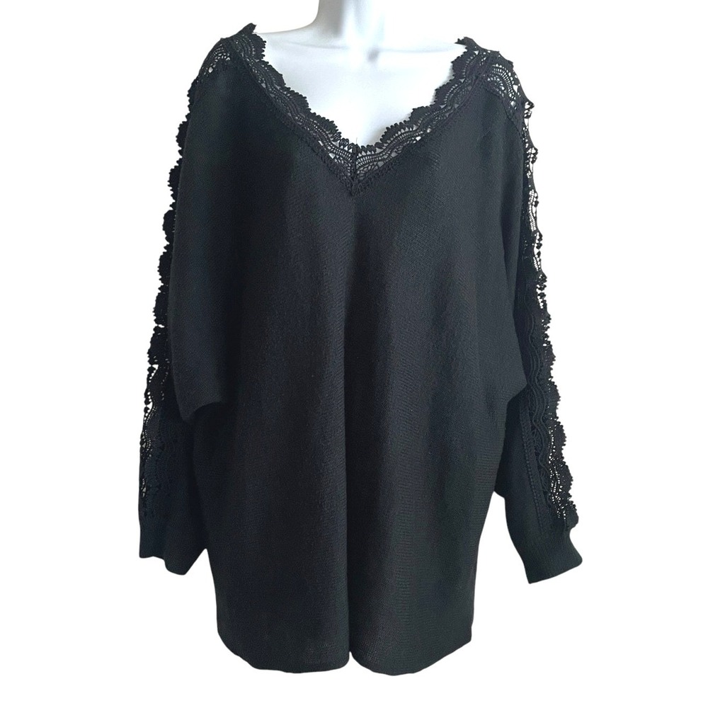 Cato Women Boho Romantic Crochet Trim Tunic Sweater 22/24W Black Whimsigoth